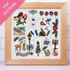 Framed cross-stitch pattern with various designs including birds, flowers, and animals on a white background.