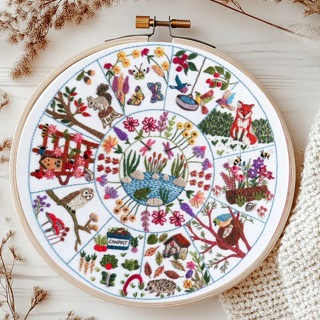 Embroidery hoop with a colorful nature-themed design on a wooden surface.
