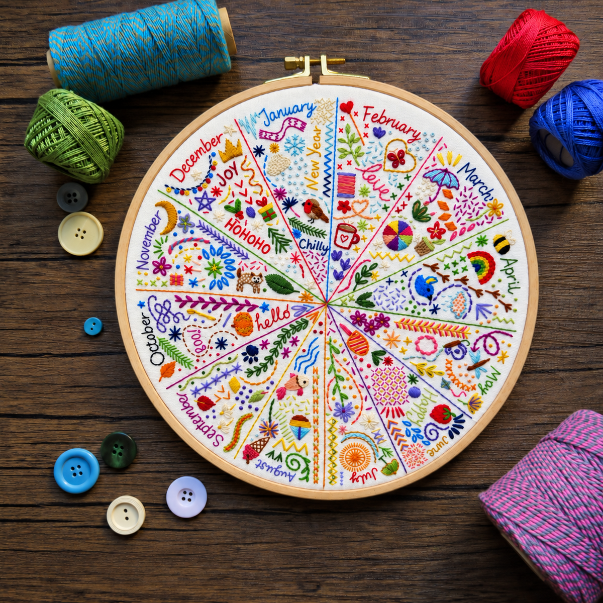 A Year of Doodles Pre Printed Fabric Pattern ready for stitching