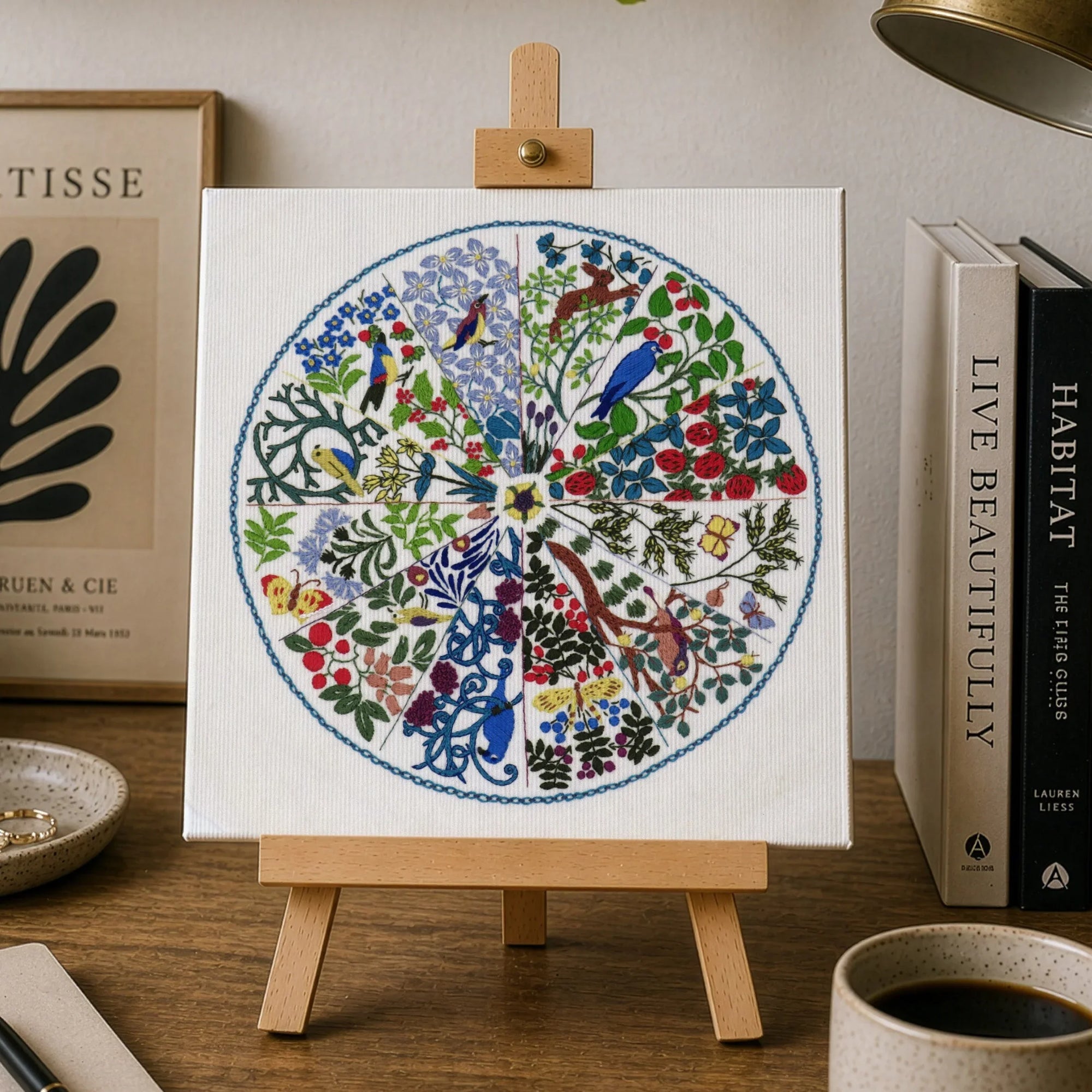 Colorful mandala painting on a small easel with a cup of coffee, notebook, and lamp in the background.