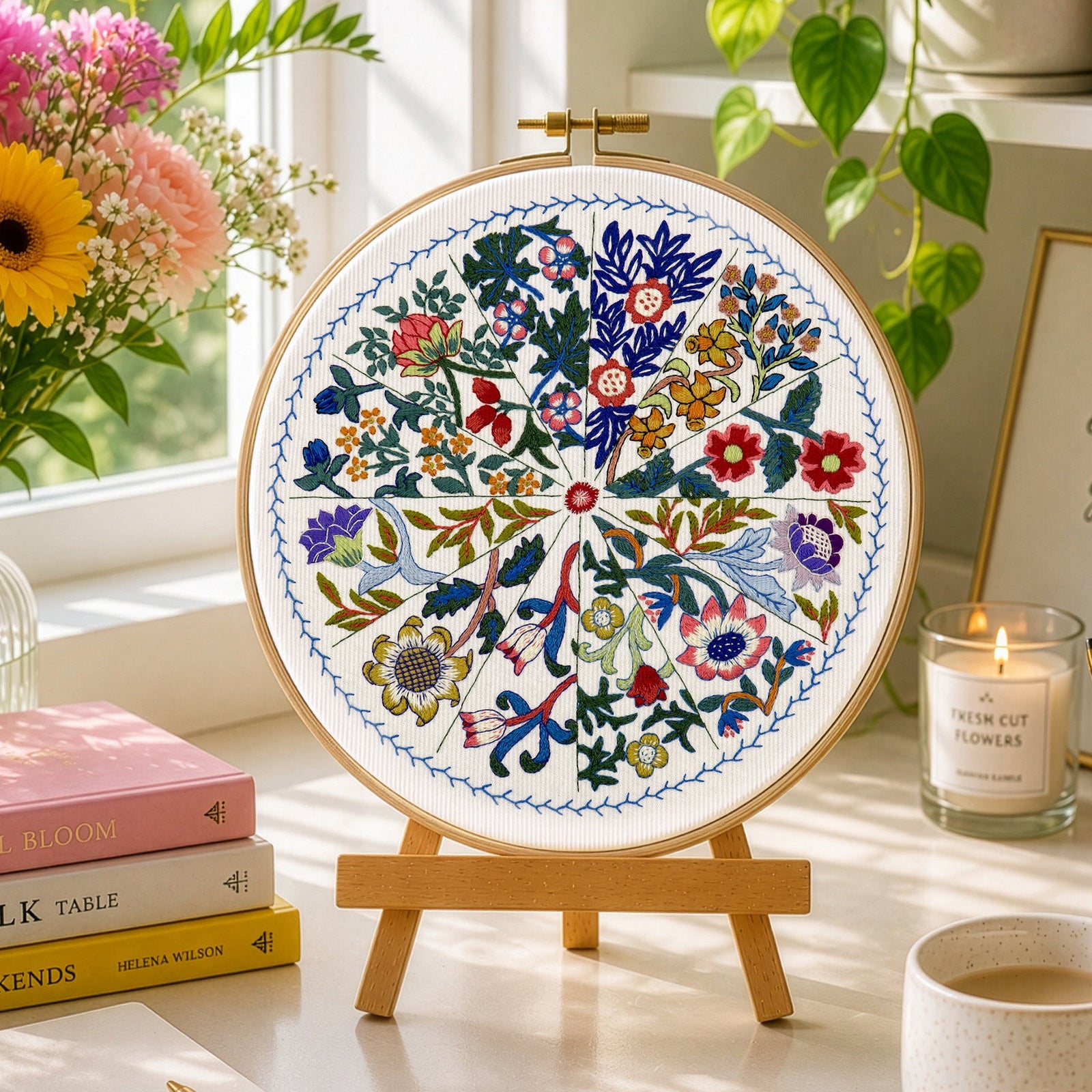 William morris Embroidery hoop with floral design on a desk with books, flowers, and a cup.