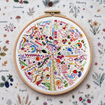 A circular wooden embroidery hoop holding a completed multicolor floral and botanical cross-stitch design, laid flat on a matching fabric background printed with illustrated plants and monthly labels.
