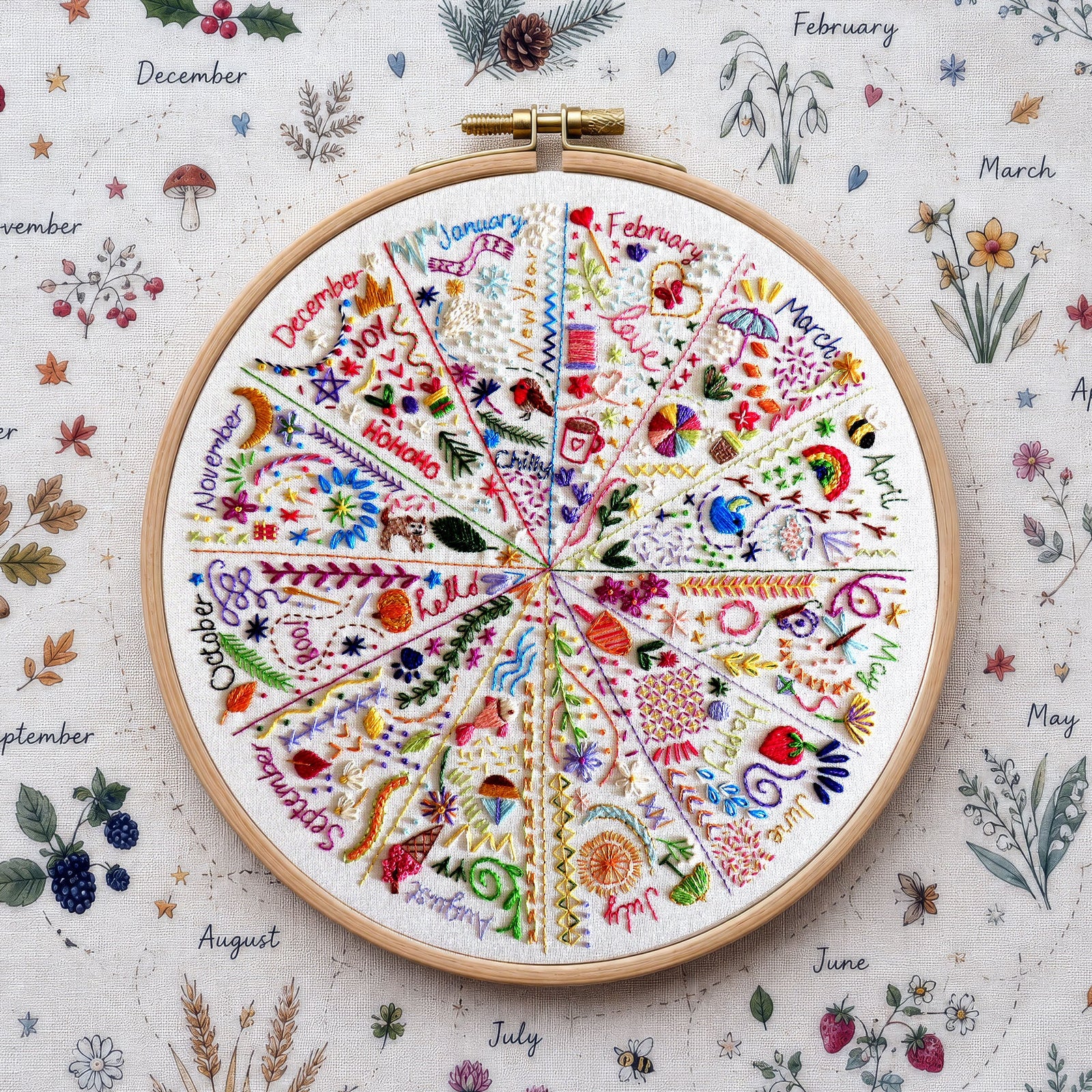A circular wooden embroidery hoop holding a completed multicolor floral and botanical cross-stitch design, laid flat on a matching fabric background printed with illustrated plants and monthly labels.