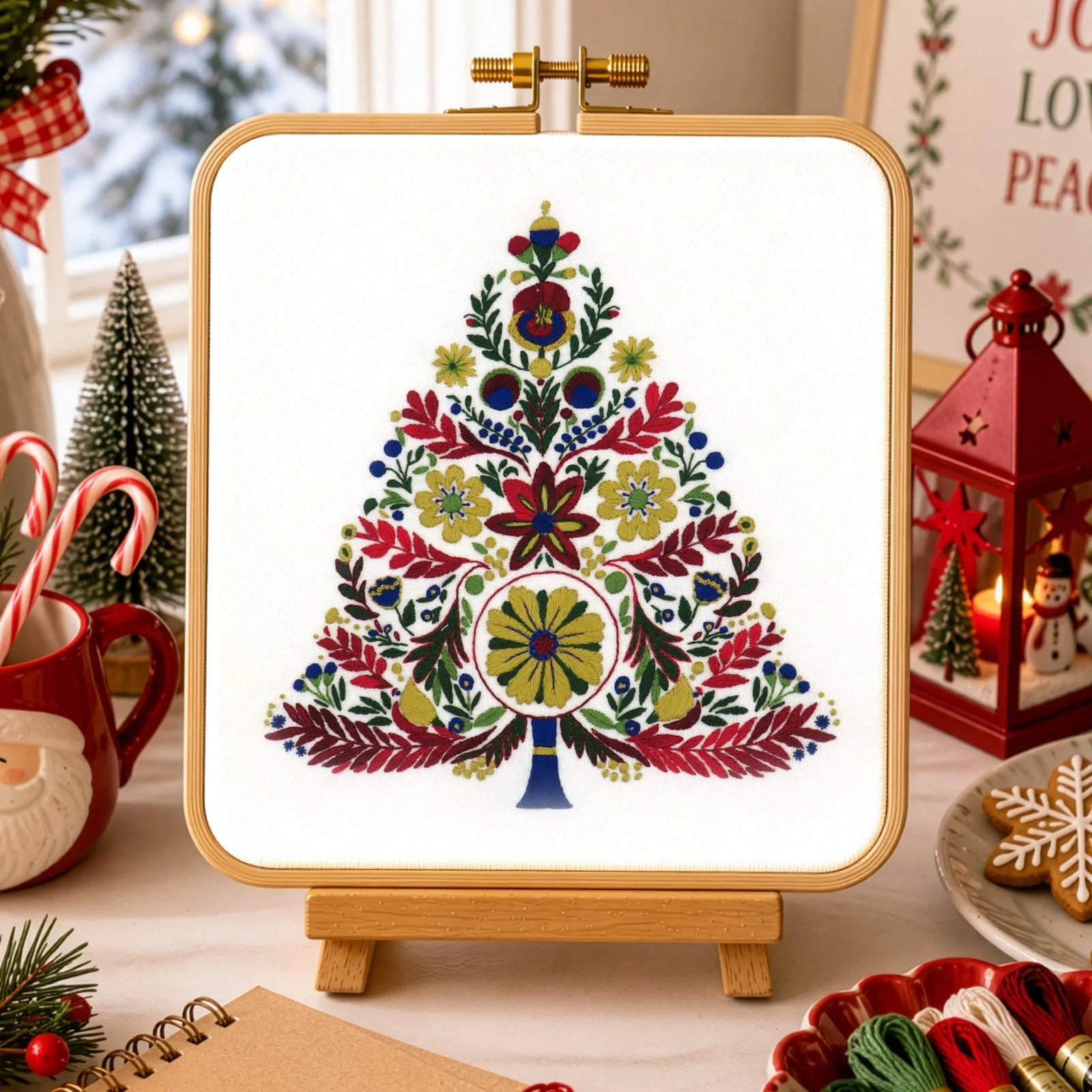 Decorative Christmas scene with a colorful tree design on a stand, surrounded by festive items.