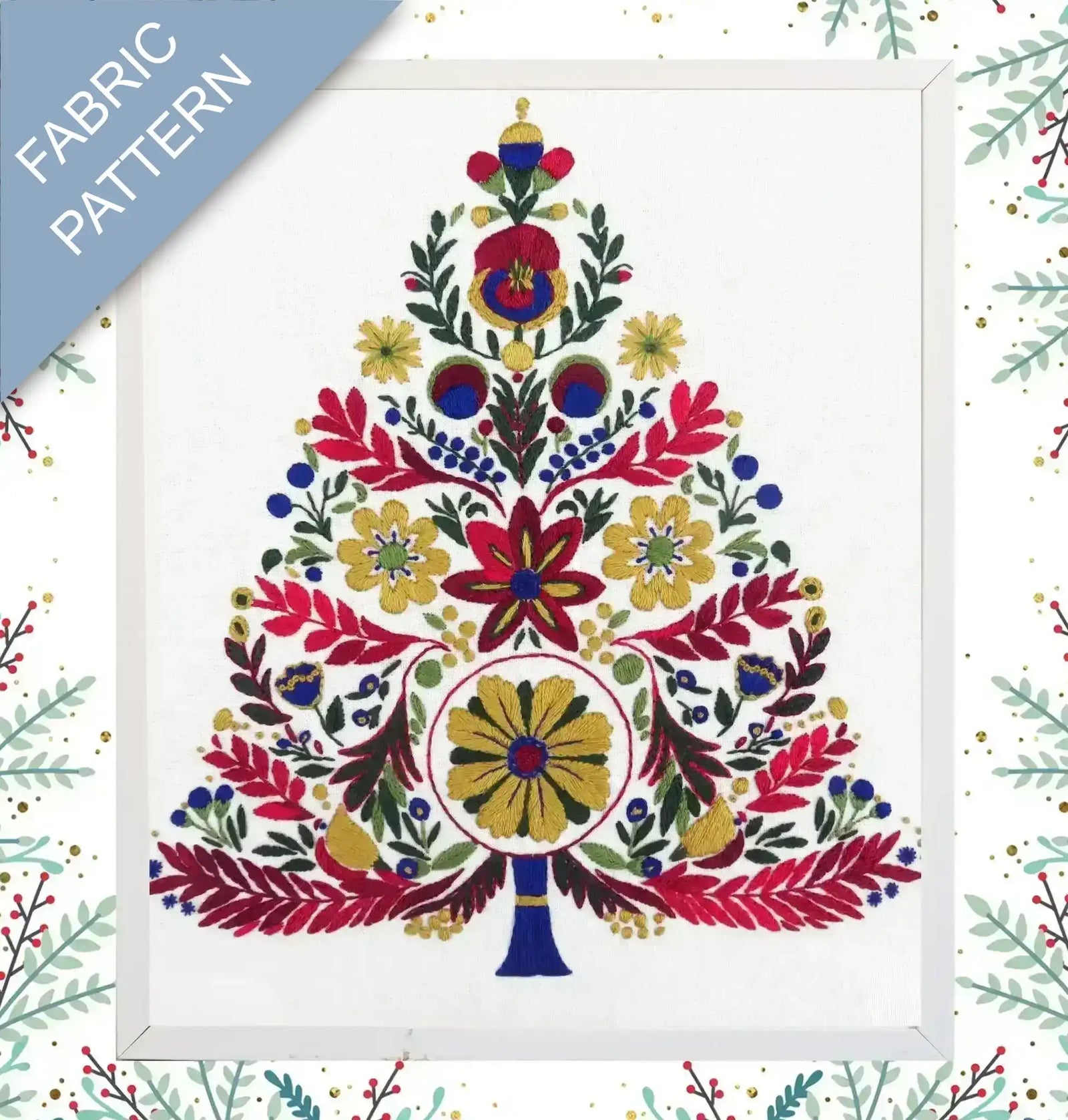 Colorful floral pattern with a white border on a fabric pattern label background