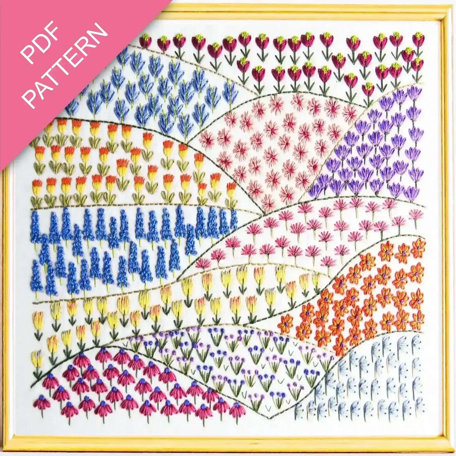 Colorful floral pattern with 'PDF Pattern' text on a pink and gold border.