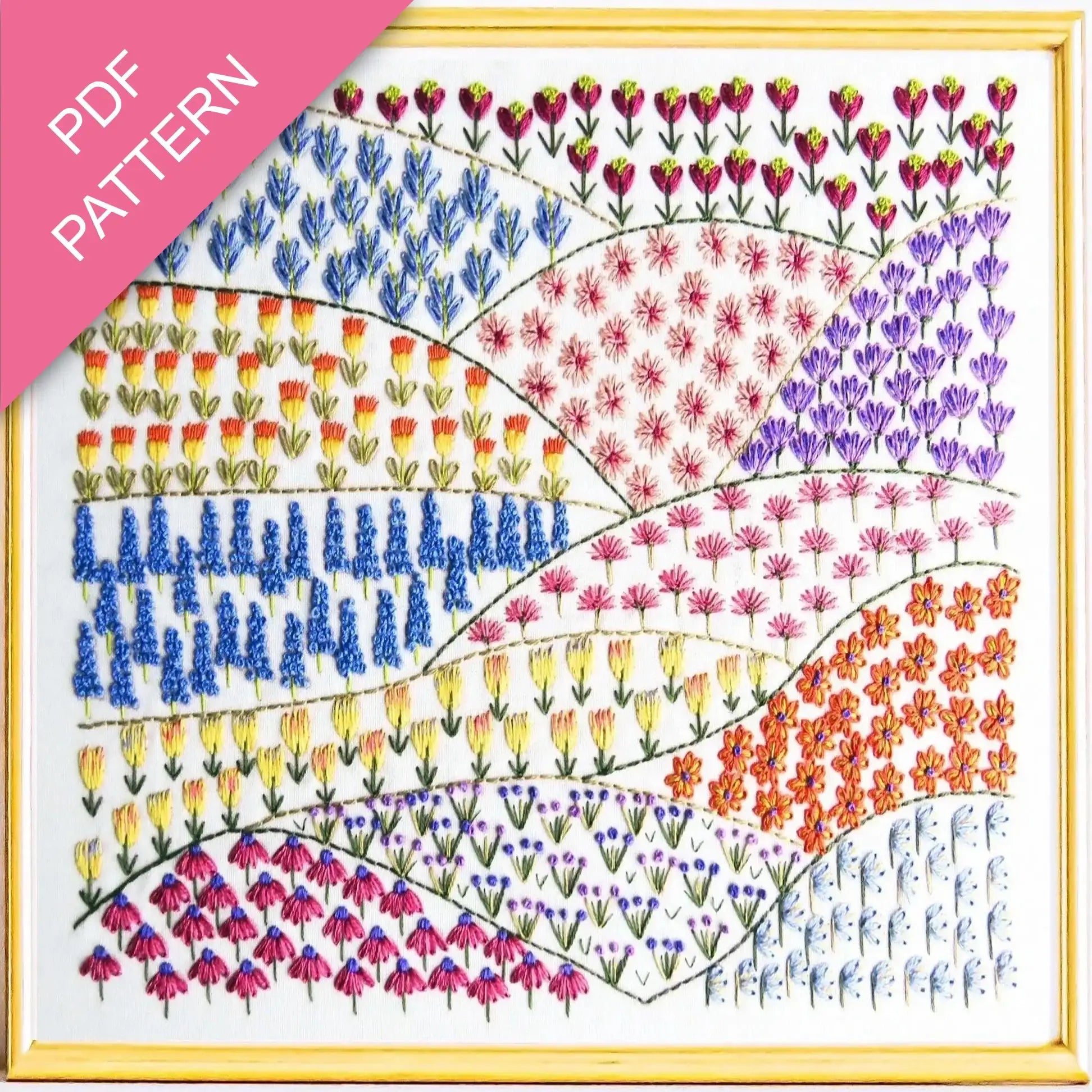 Colorful floral pattern with 'PDF Pattern' text on a pink and gold border.