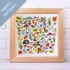 Framed fabric pattern with nature-themed design on a white brick wall background