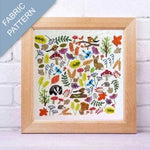 Framed fabric pattern with nature-themed design on a white brick wall background