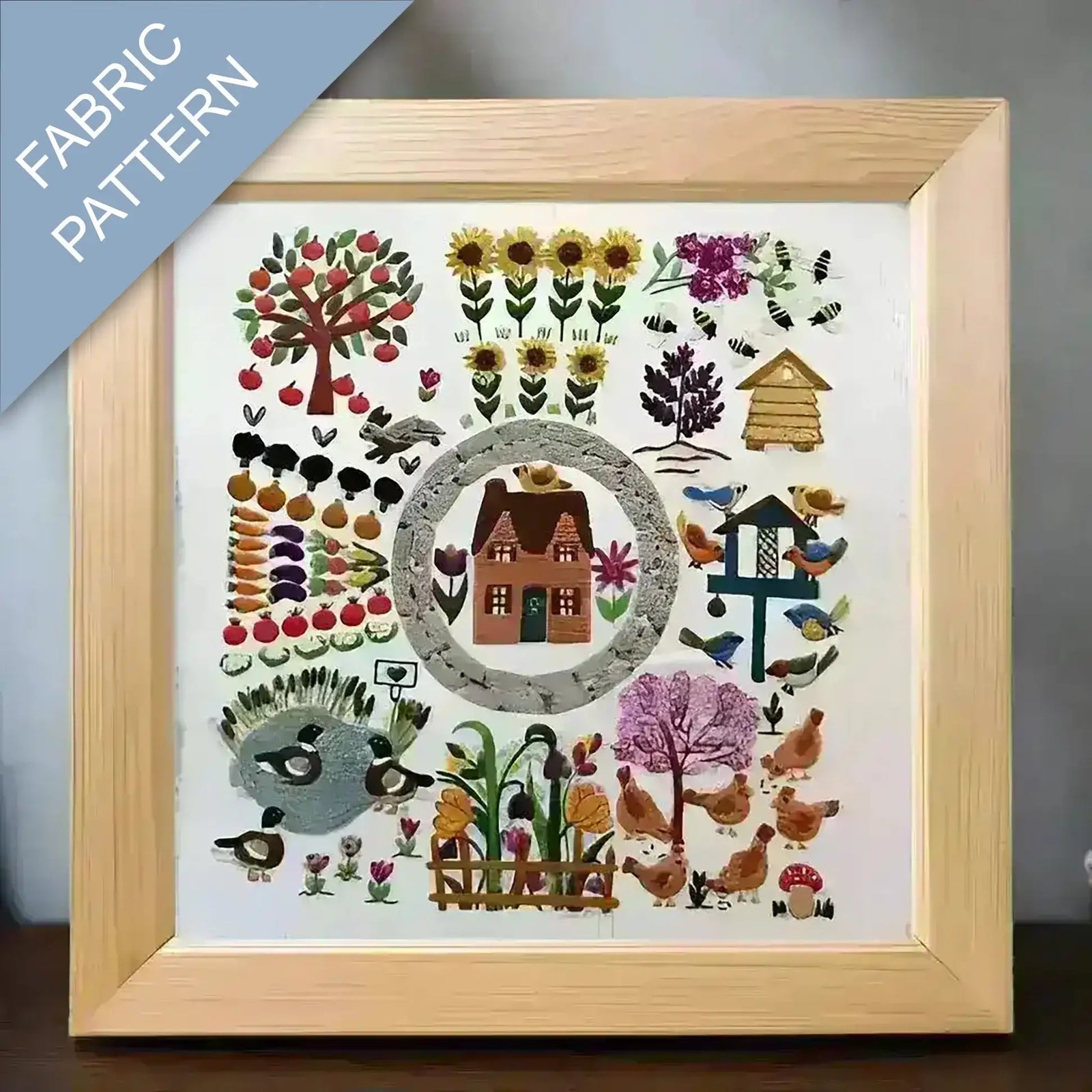 Embroidered design of a bird's nest with three birds and flowers.