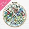 Embroidery hoop with colorful floral Voysey embroidery pattern and bird design on a white background, labeled 'PDF Pattern'.