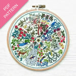 Embroidery hoop with colorful floral Voysey embroidery pattern and bird design on a white background, labeled 'PDF Pattern'.