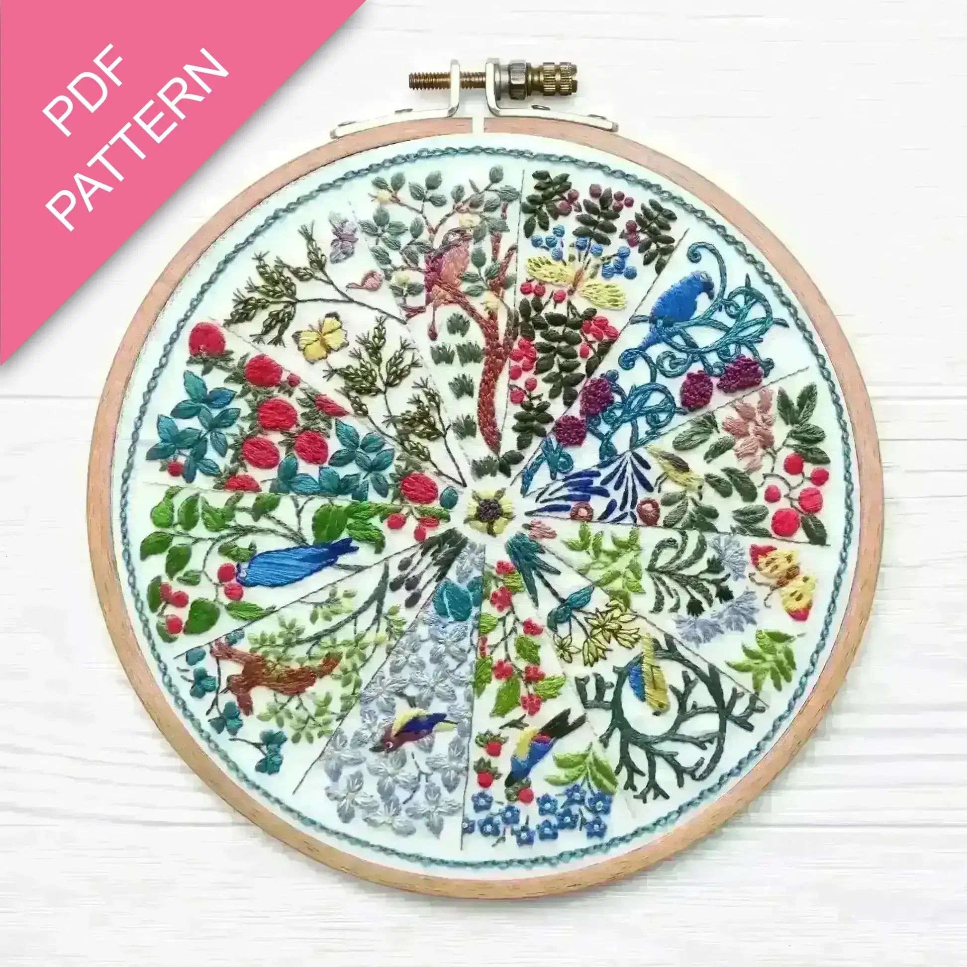 Embroidery hoop with colorful floral Voysey embroidery pattern and bird design on a white background, labeled 'PDF Pattern'.