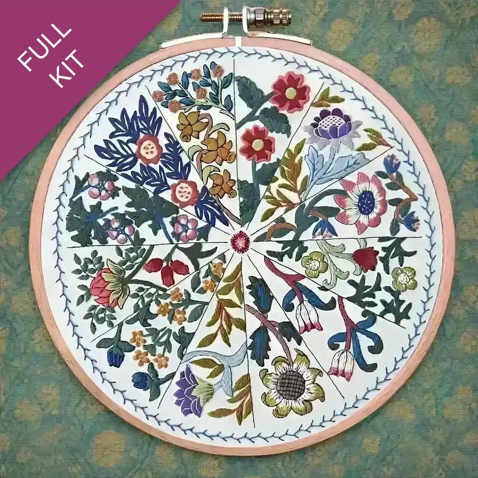 Embroidery hoop with floral William Morris pattern on a green background