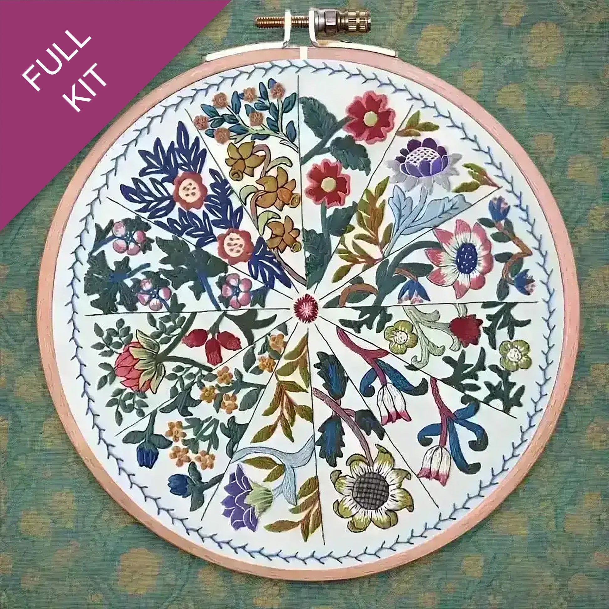 Embroidery hoop with floral William Morris pattern on a green background