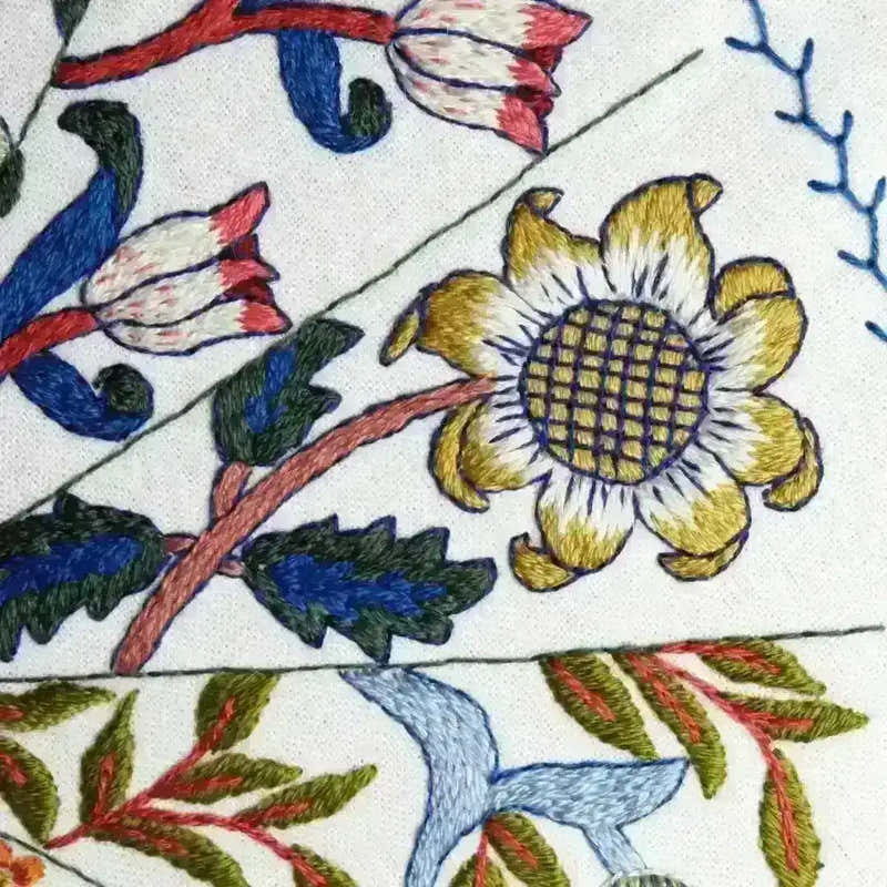 Close-up of embroidered floral design with colorful flowers and leaves on a white background