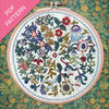 William Morris Embroidery hoop with floral pattern on a floral background, labeled 'PDF Pattern'.