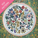 William Morris Embroidery hoop with floral pattern on a floral background, labeled 'PDF Pattern'.