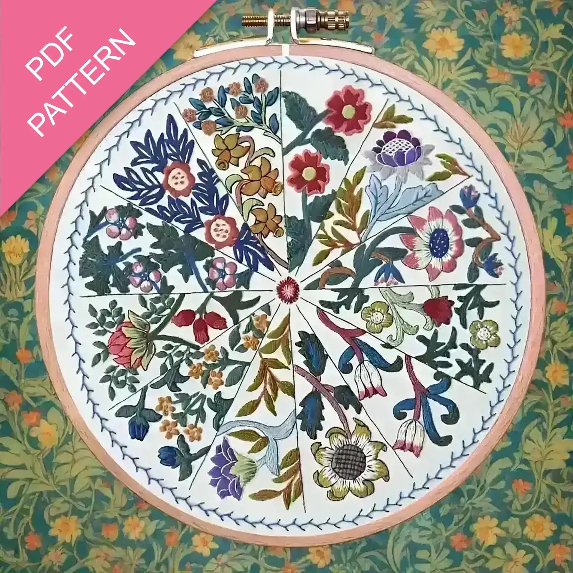 William Morris Embroidery hoop with floral pattern on a floral background, labeled 'PDF Pattern'.