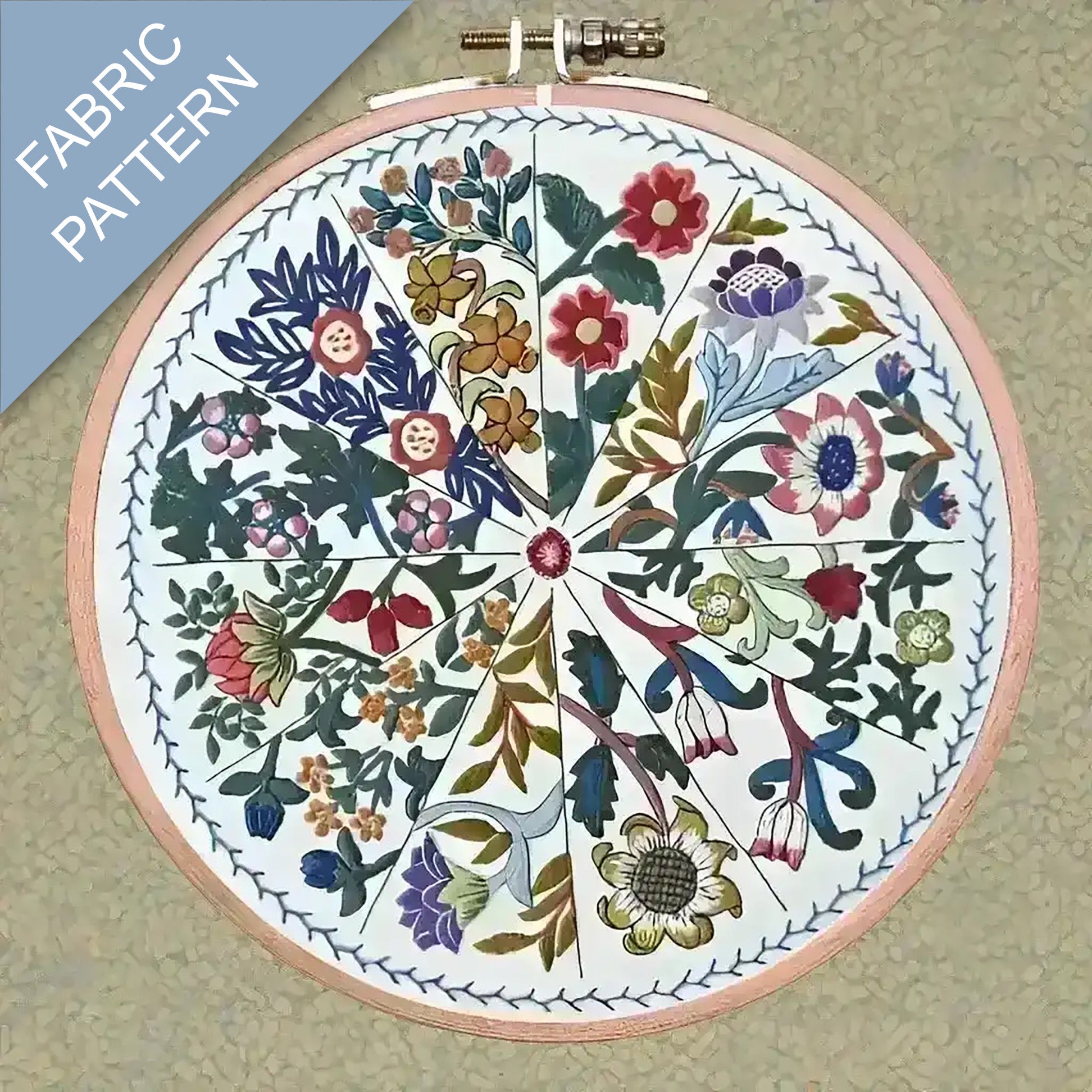 Floral embroidery pattern on fabric in an embroidery hoop with 'Fabric Pattern' text.