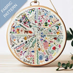 Embroidery hoop with a colorful fabric pattern featuring months of the year.