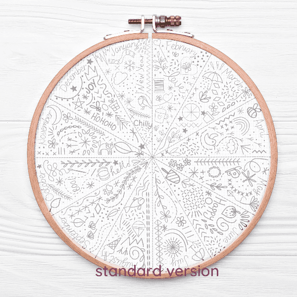 A Year of Doodles Pre Printed Fabric , Pre Printed Fabric Pattern , StitchDoodles , doodle embroidery, embroidery hoop kit, Embroidery Kit, embroidery kit for adults, embroidery kit fro beginners, embroidery pattern, flower embroidery, hand embroidery, hand embroidery kit, hand embroidery pattern, modern embroidery kits, month embroidery, PDF pattern, year embroidery, Year of Stitches , StitchDoodles , shop.stitchdoodles.com