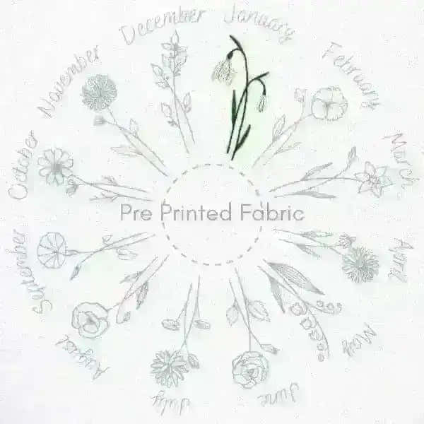 A Year of Flowers Pre Printed Fabric Pattern , Pre Printed Fabric Pattern , StitchDoodles , embroidery hoop kit, Embroidery Kit, embroidery kit for adults, embroidery kit fro beginners, flower month pattern, hand embroidery, hand embroidery pattern, modern embroidery kits, Printed Pattern, year of flowes , StitchDoodles , shop.stitchdoodles.com