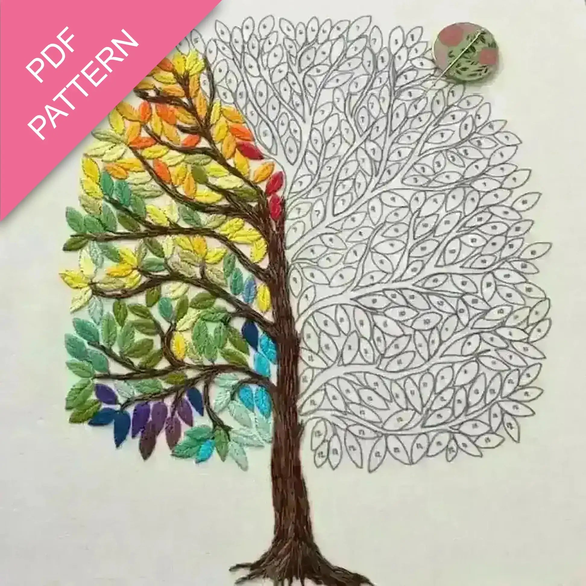 Colorful tree design with a PDF pattern label on a white background