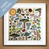 Fabric pattern with animals, trees, and plants on a wooden surface