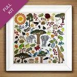 Colorful animal and nature pattern on a white background with a purple corner label.