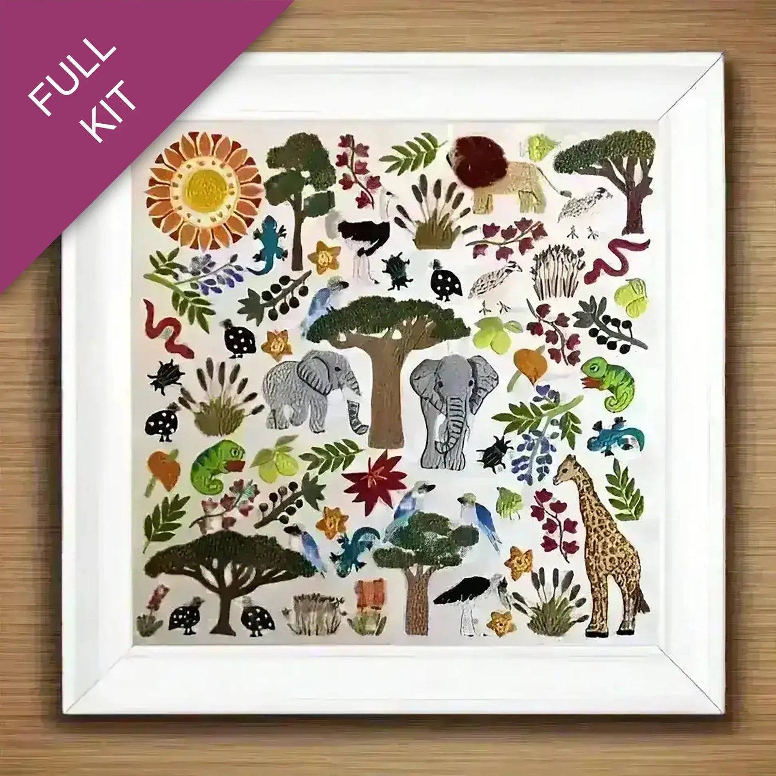 Colorful animal and nature pattern on a white background with a purple corner label.