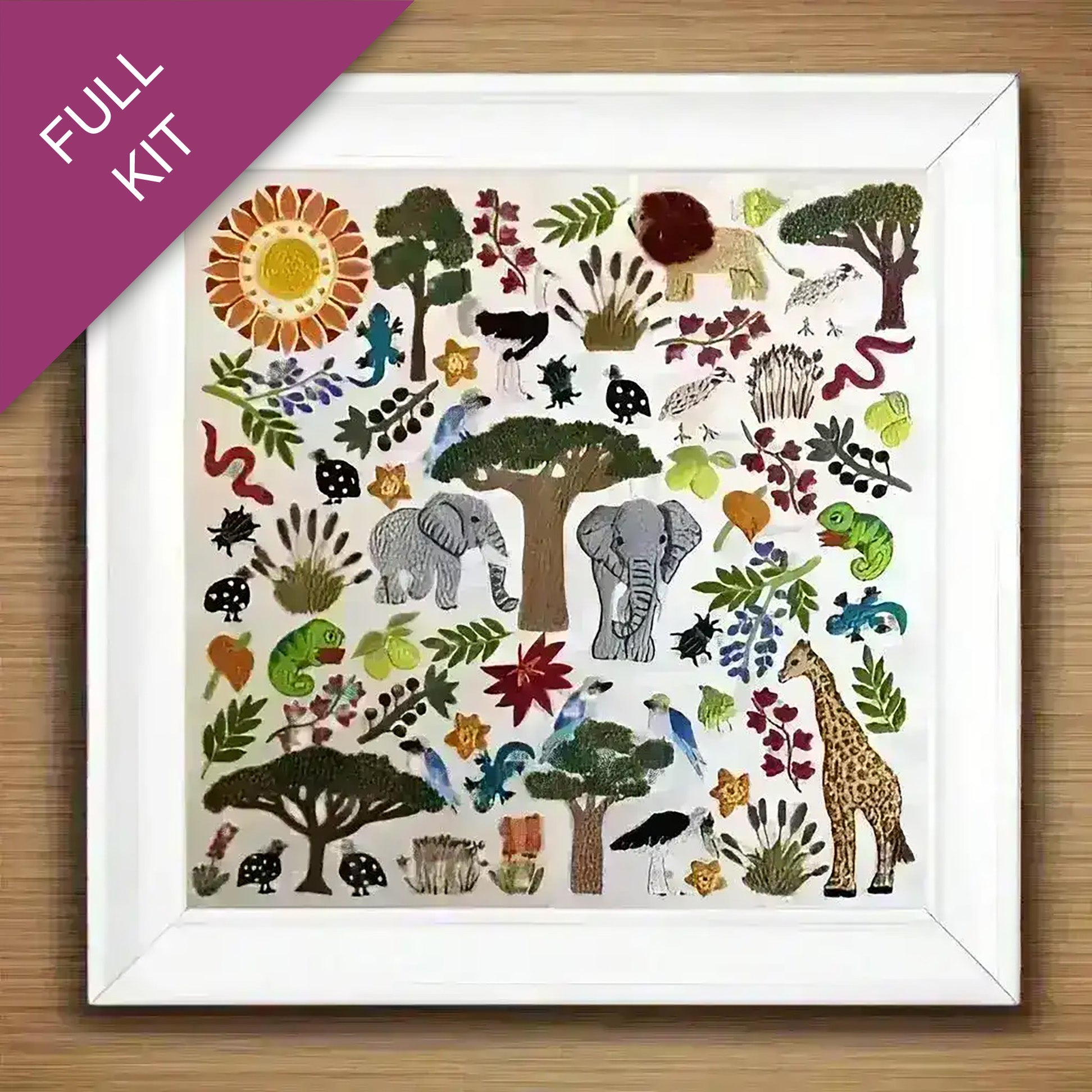 Colorful animal and nature pattern on a white background with a purple corner label.