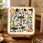 Embroidered pattern with animals, trees, and flowers on a white background