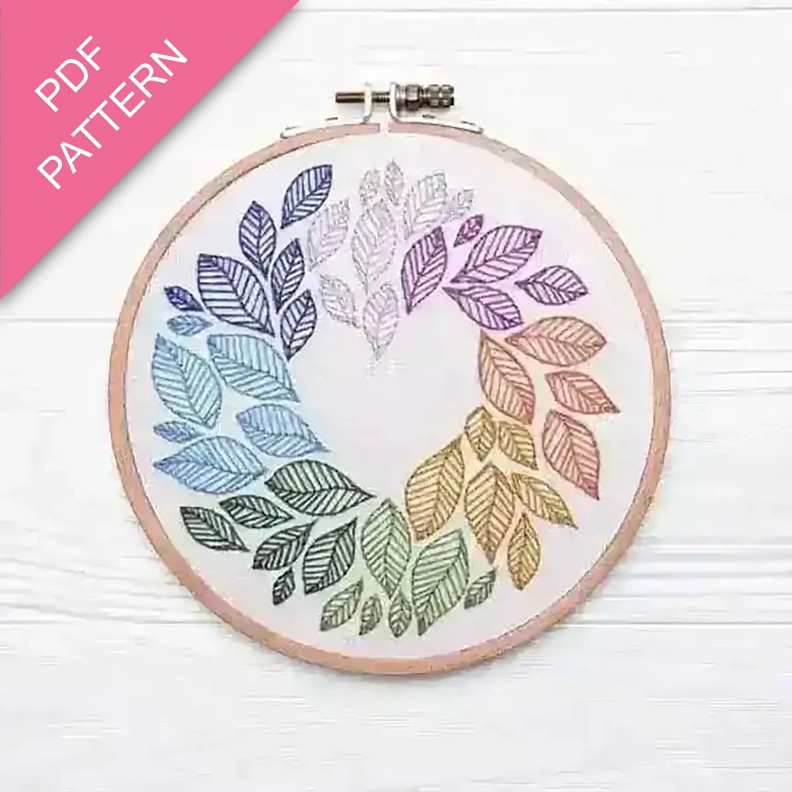 Embroidery hoop with colorful leaf pattern on a white background, labeled 'PDF Pattern'.