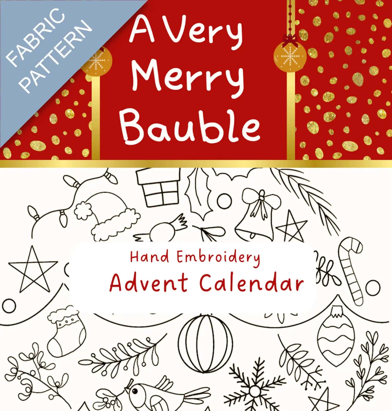 Hand embroidery advent calendar with Christmas-themed patterns and text.