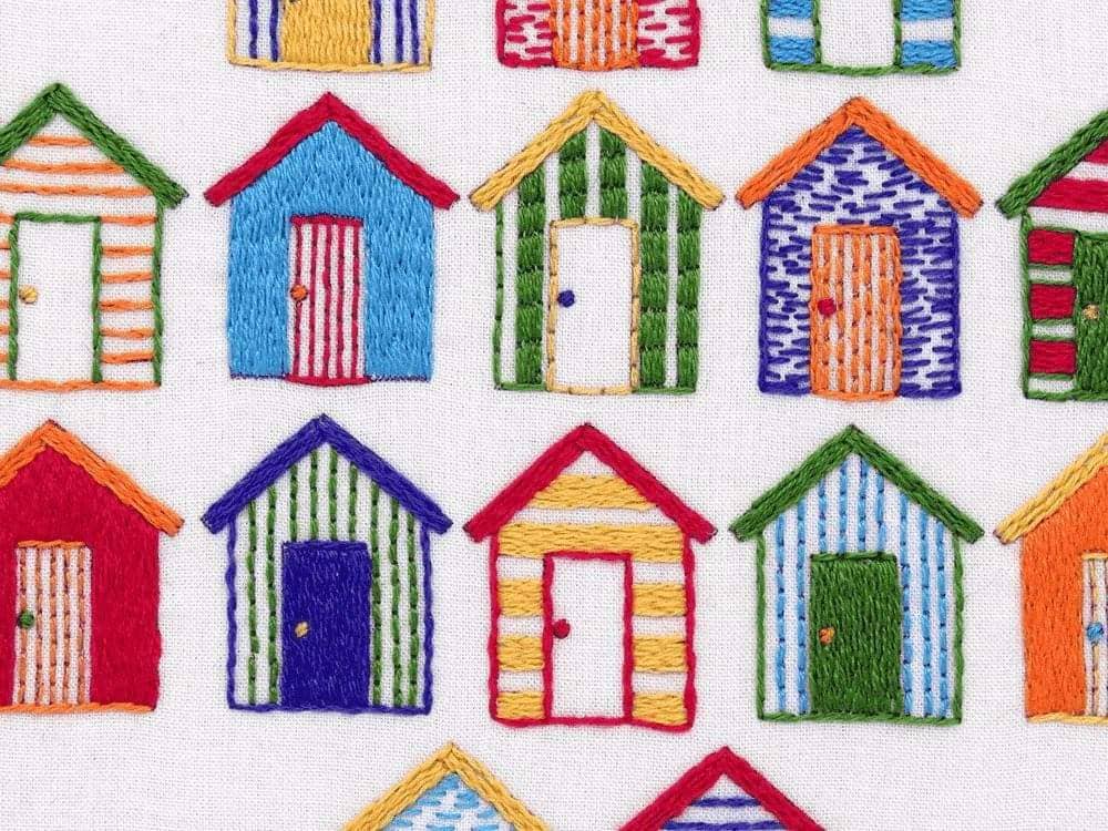Beach Huts, Pre Printed Embroidery Fabric Pattern , Pre Printed Fabric Pattern , StitchDoodles , Embroidery, embroidery hoop, embroidery hoop kit, Embroidery Kit, embroidery kit for adults, embroidery kit fro beginners, embroidery pattern, hand embroidery, hand embroidery fabric, hand embroidery kit, hand embroidery seat frame, modern embroidery kits, nurge embroidery hoop, PDF pattern, Printed Pattern , StitchDoodles , shop.stitchdoodles.com