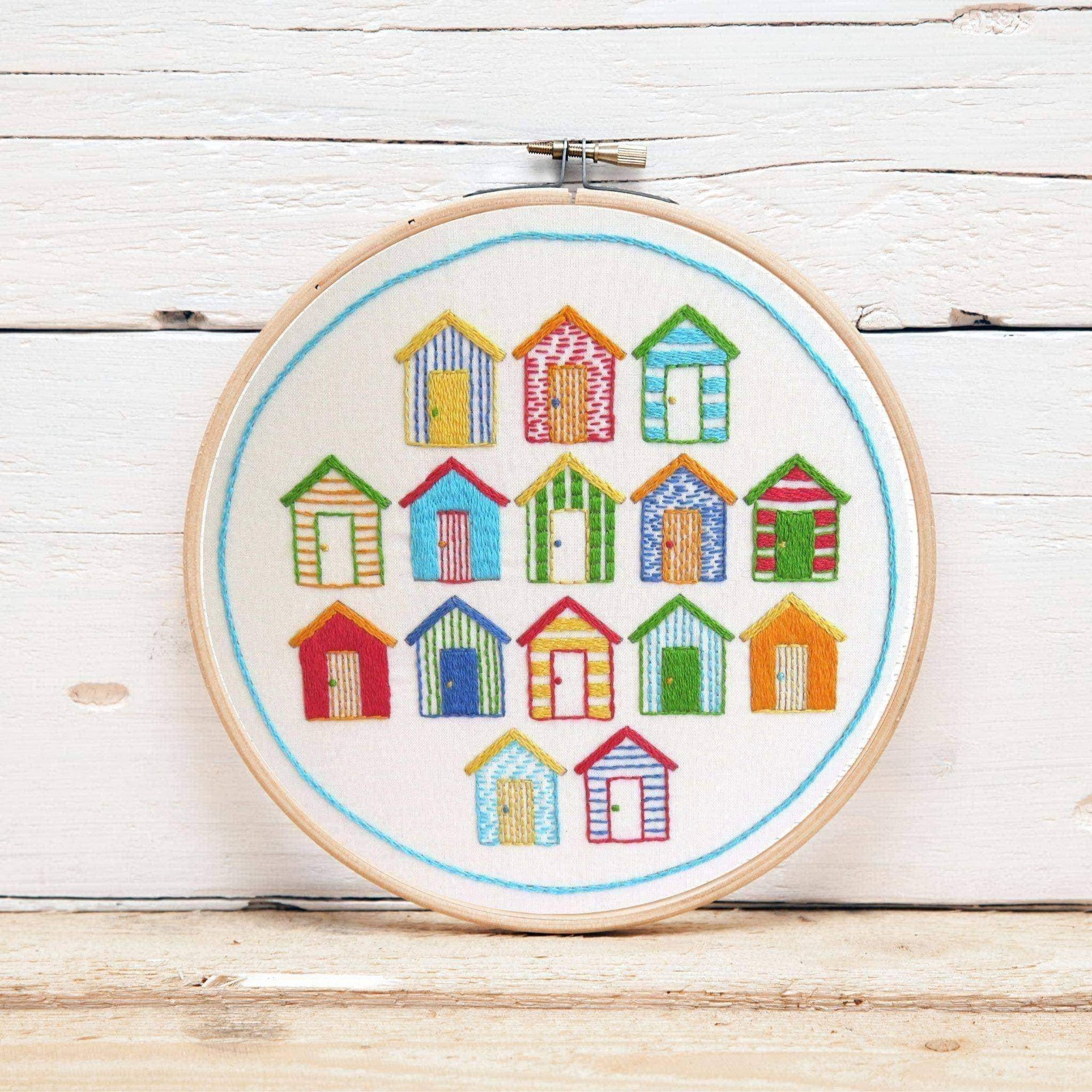 Beach Huts, Pre Printed Embroidery Fabric Pattern , Pre Printed Fabric Pattern , StitchDoodles , Embroidery, embroidery hoop, embroidery hoop kit, Embroidery Kit, embroidery kit for adults, embroidery kit fro beginners, embroidery pattern, hand embroidery, hand embroidery fabric, hand embroidery kit, hand embroidery seat frame, modern embroidery kits, nurge embroidery hoop, PDF pattern, Printed Pattern , StitchDoodles , shop.stitchdoodles.com
