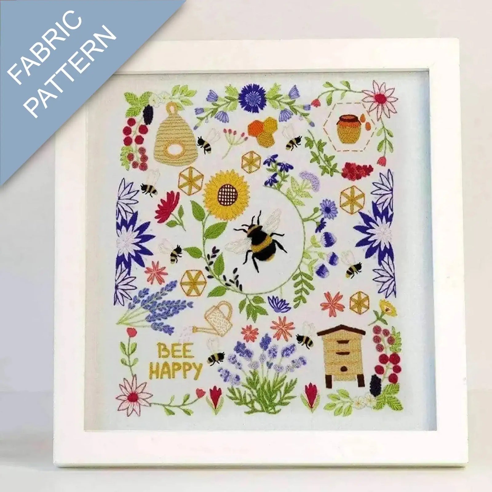 Fabric pattern with bees, flowers, and 'Bee Happy' text on a white background