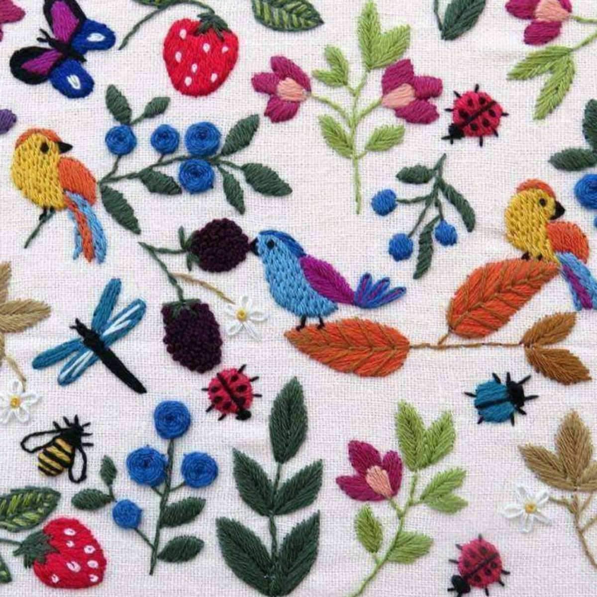 Birds, Bugs and Berries Hand Embroidery Kit, Pre Printed