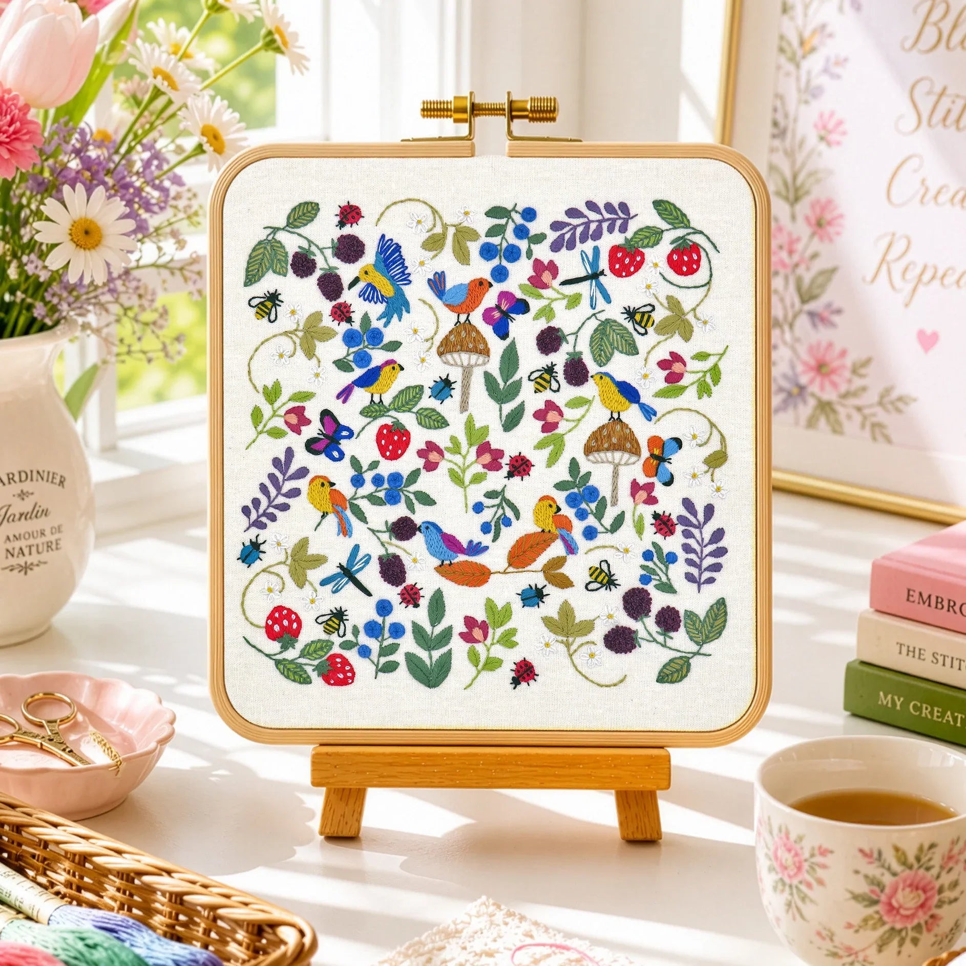 The colorful flora and fauna provide the perfect place for all the lovely birds to escape into as they enjoy the plentiful supply of strawberries, blackberries and blueberries.

This is a colorful hand embroidery sampler with an array of simple stitches making up all the different elements. See how many ladybirds, beetles and bees you can find as you stitch your way through the beautiful design.