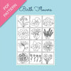 Sheet of birth flower designs with a pink triangle and 'PDF Pattern' text on a blue background.