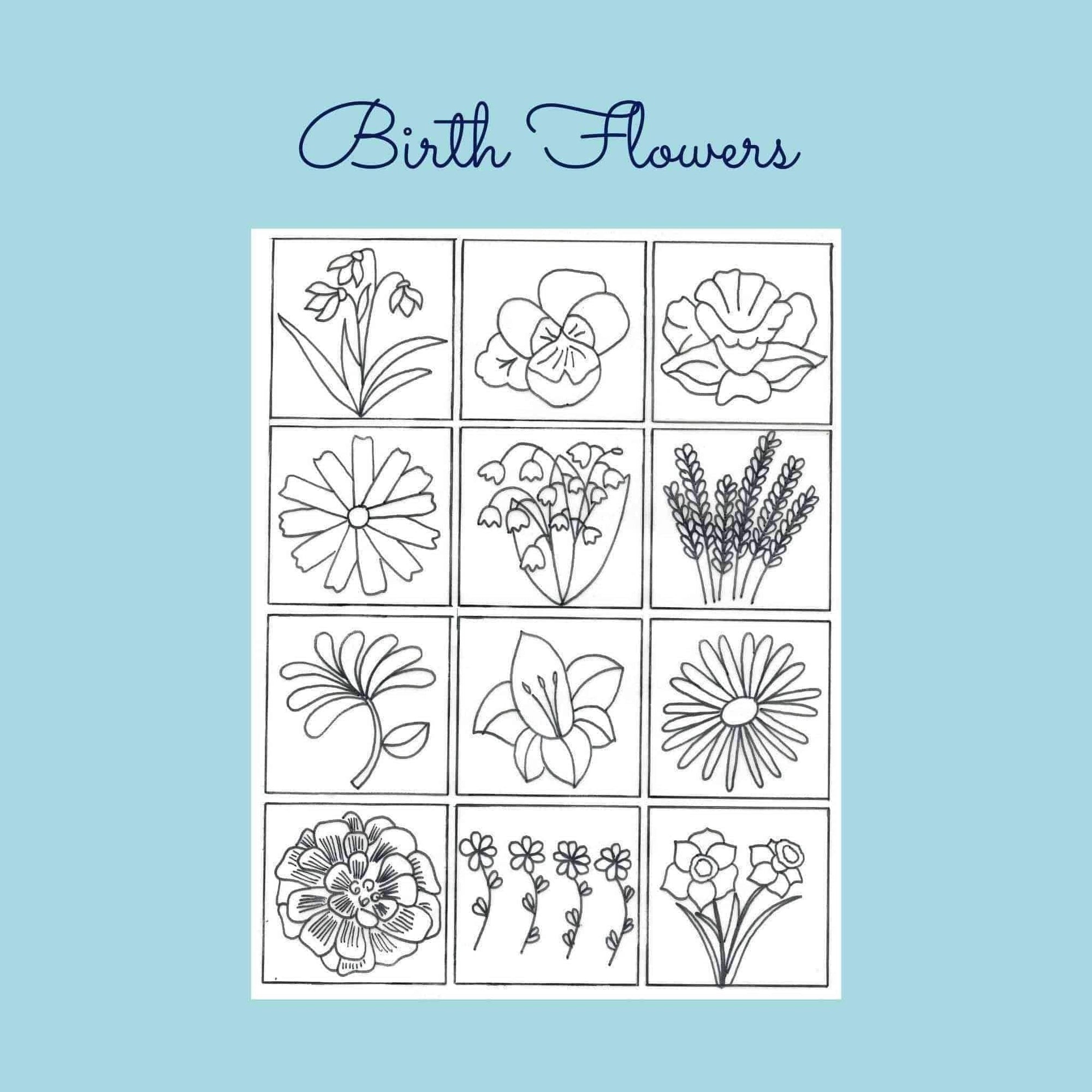 Birth Flowers Hand Embroidery Template , PDF Download , StitchDoodles , bird embroidery, Embroidery, embroidery hoop, embroidery hoop kit, Embroidery Kit, embroidery kit for adults, embroidery kit fro beginners, embroidery pattern, hand embroidery, hand embroidery fabric, hand embroidery seat frame, modern embroidery kits, nurge embroidery hoop, PDF pattern, Printed Pattern, wildlife embroidery , StitchDoodles , shop.stitchdoodles.com