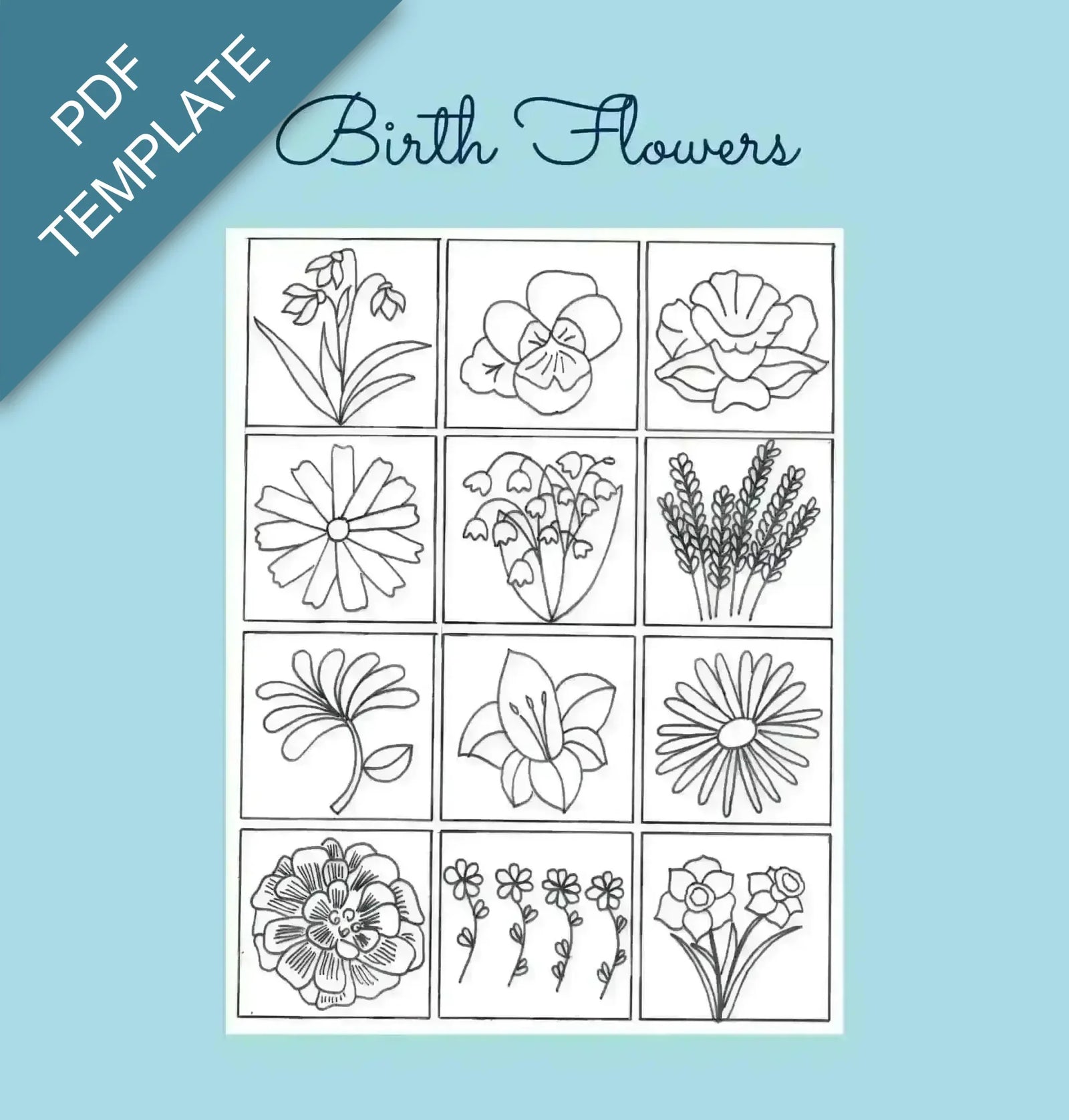 Sheet of birth flower templates on a blue background with 'PDF Template' text.