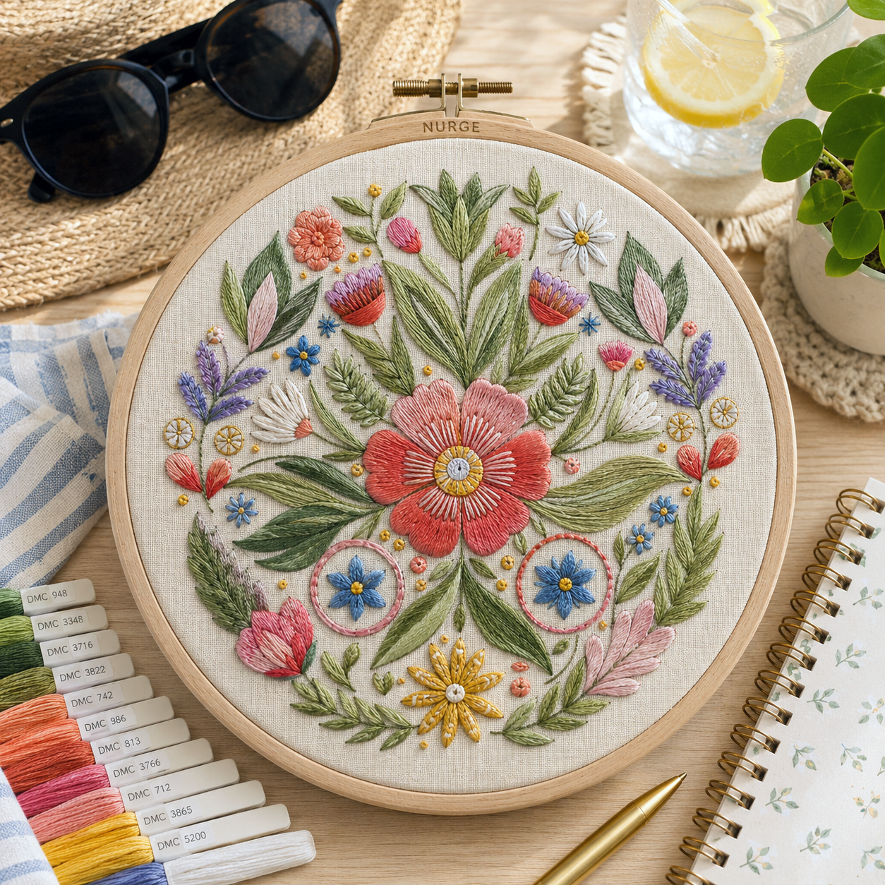 Embroidery hoop with floral design on a wooden table with accessories.