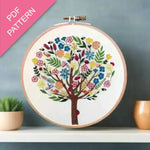 Embroidery hoop with a colorful tree design on a gray background