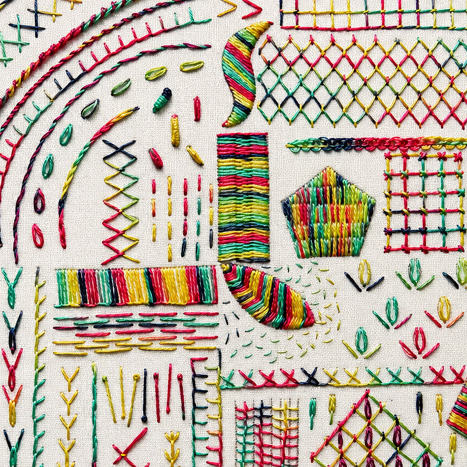 Close-up of a colorful embroidered textile featuring geometric patterns, stitched motifs, and rows of multicolored thread on a light fabric background.
