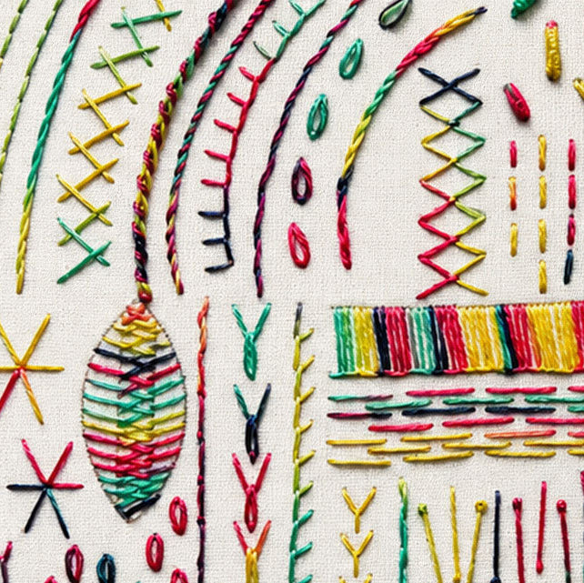 Close-up of a multicolor embroidered textile featuring various geometric and organic stitched patterns in red, yellow, green, and black on a cream fabric background.