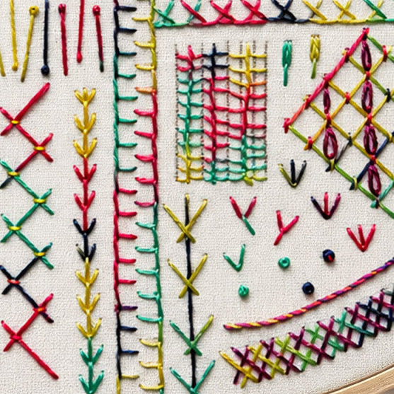 Close-up of a multicolor embroidery design on white fabric, featuring various stitch patterns including vertical lines, crosses, diamonds, and leaf-like motifs in red, green, yellow, black, and pink.