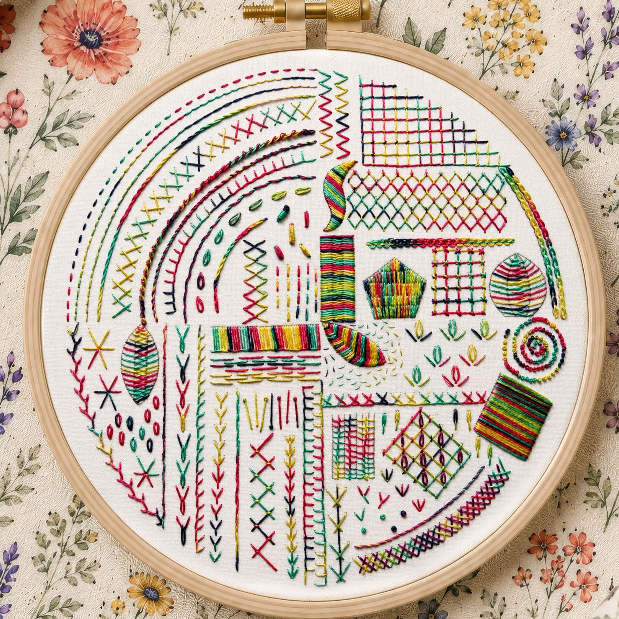 Learn 50 Hand Embroidery Stitches Sampler Kit, Pre Printed Fabric Beginner RSN Card Deck