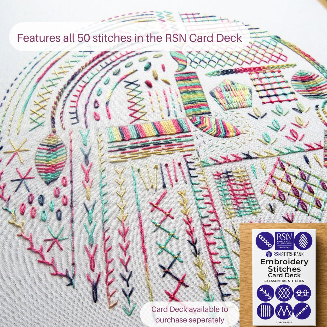 Embroidery stitches card deck with various stitches on a white background, featuring the RSN logo.
